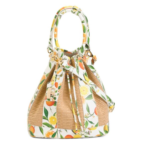 VALENTINA Tan Made In Italy Lemon Orange Front Straw Bucket Bag